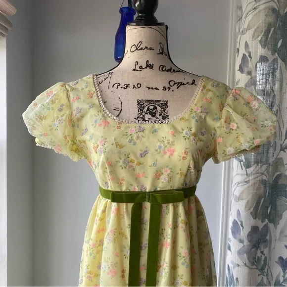 Vintage 1970s Handmade Floral Empire Waist Regency Prairie Formal Prom Dress - Picture 6 of 14